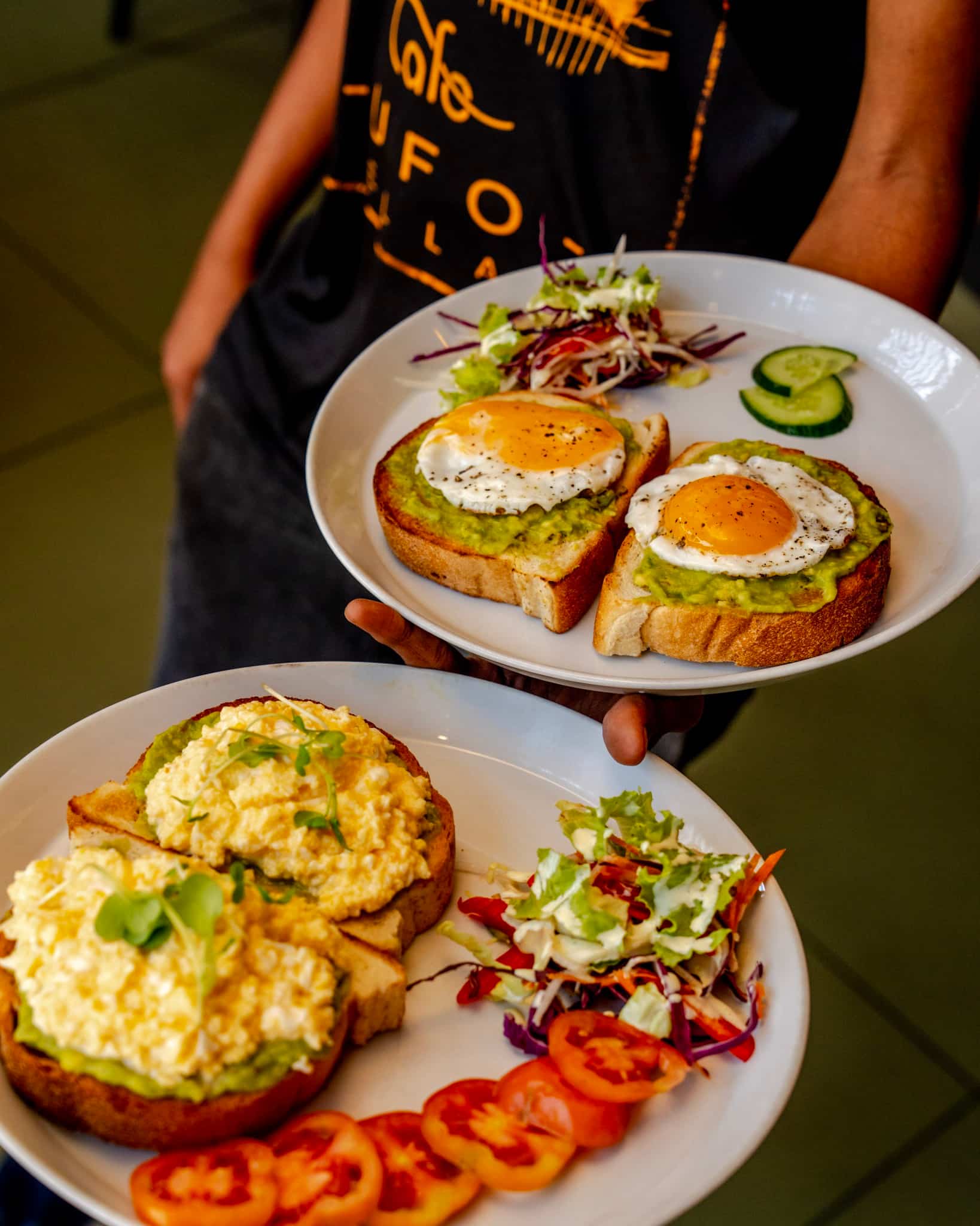 Toast with scrambled egg and smashed avo