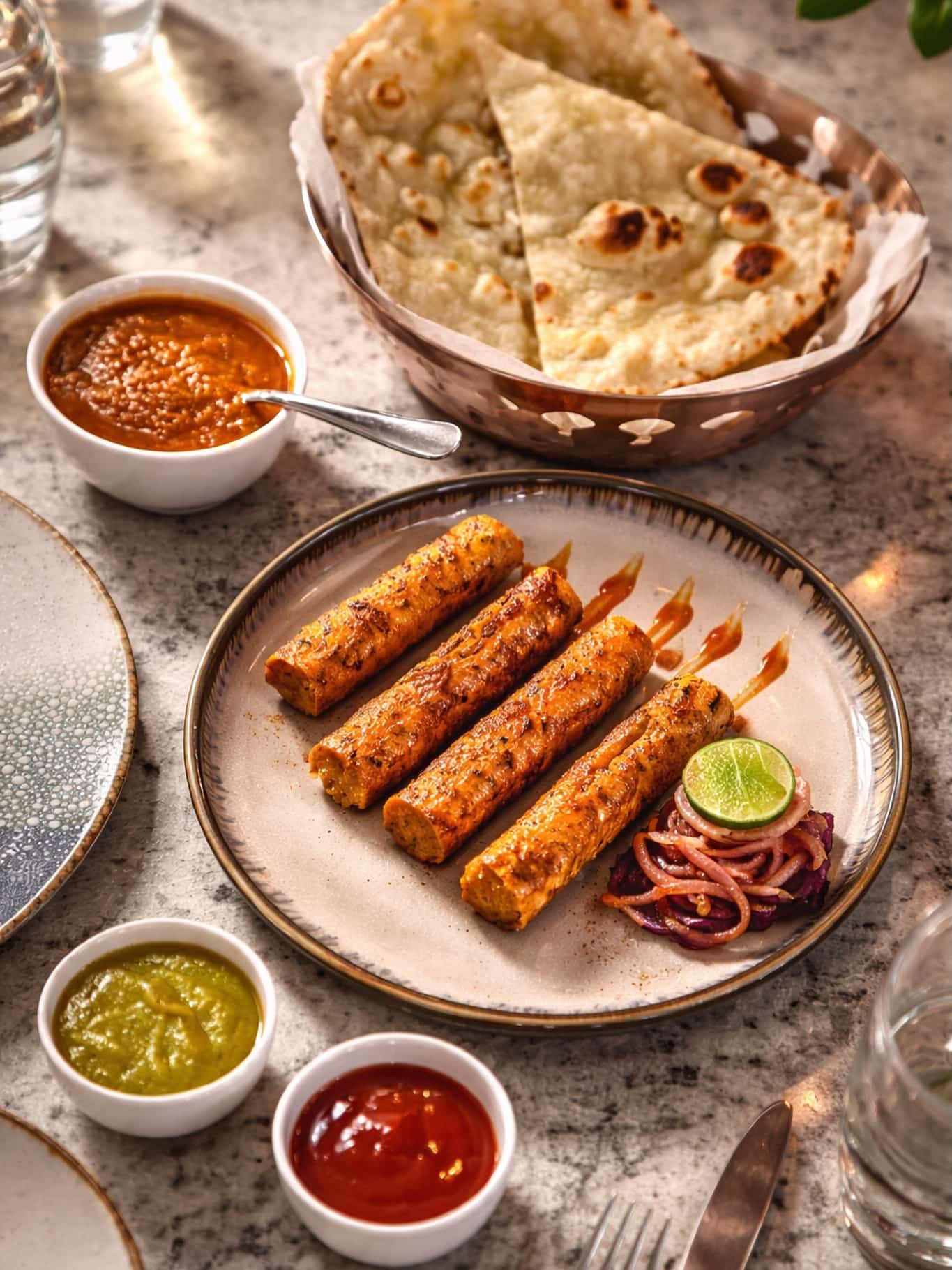 smoky seekh kebabs with roti and sambal dips