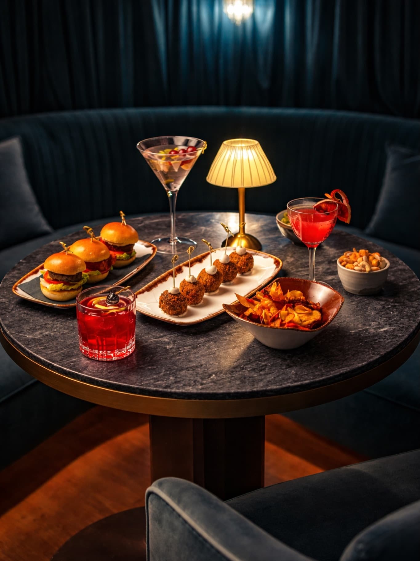 Cocktails and snacks like sliders and nachos
