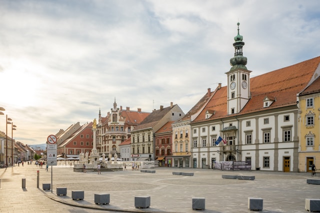 a cluster of medieval buildings in the main square of maribor slovenia
