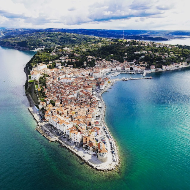 the historic old town of piran slovenia on a peninsula surrounded by the adriatic sea
