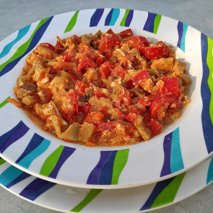 sataras is a traditional slovenian vegetable stew served here in a white blue and green bowl