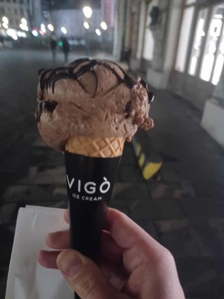 a chocolate ice cream in a cone from vigo cafe in ljubljana old town slovenia
