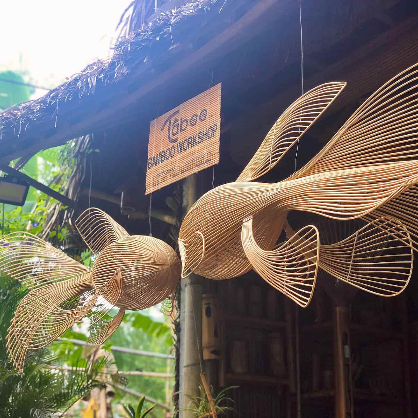 The entrance with handmade sculptures to the bamboo workshop