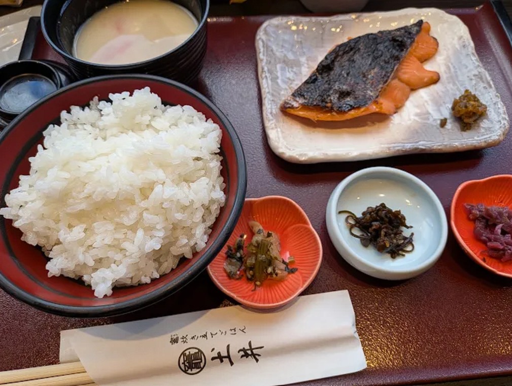 Breakfast in Kyoto Japan - Rice, Salmon, and Pickles