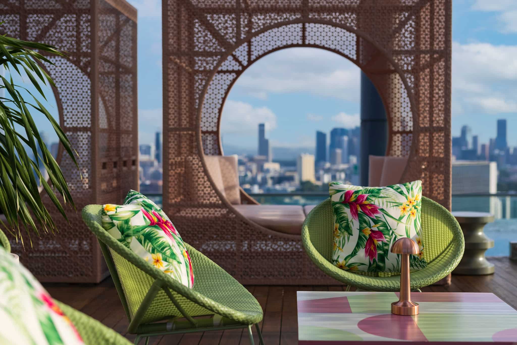 Cabanas and outdoor seating at the rooftop pool