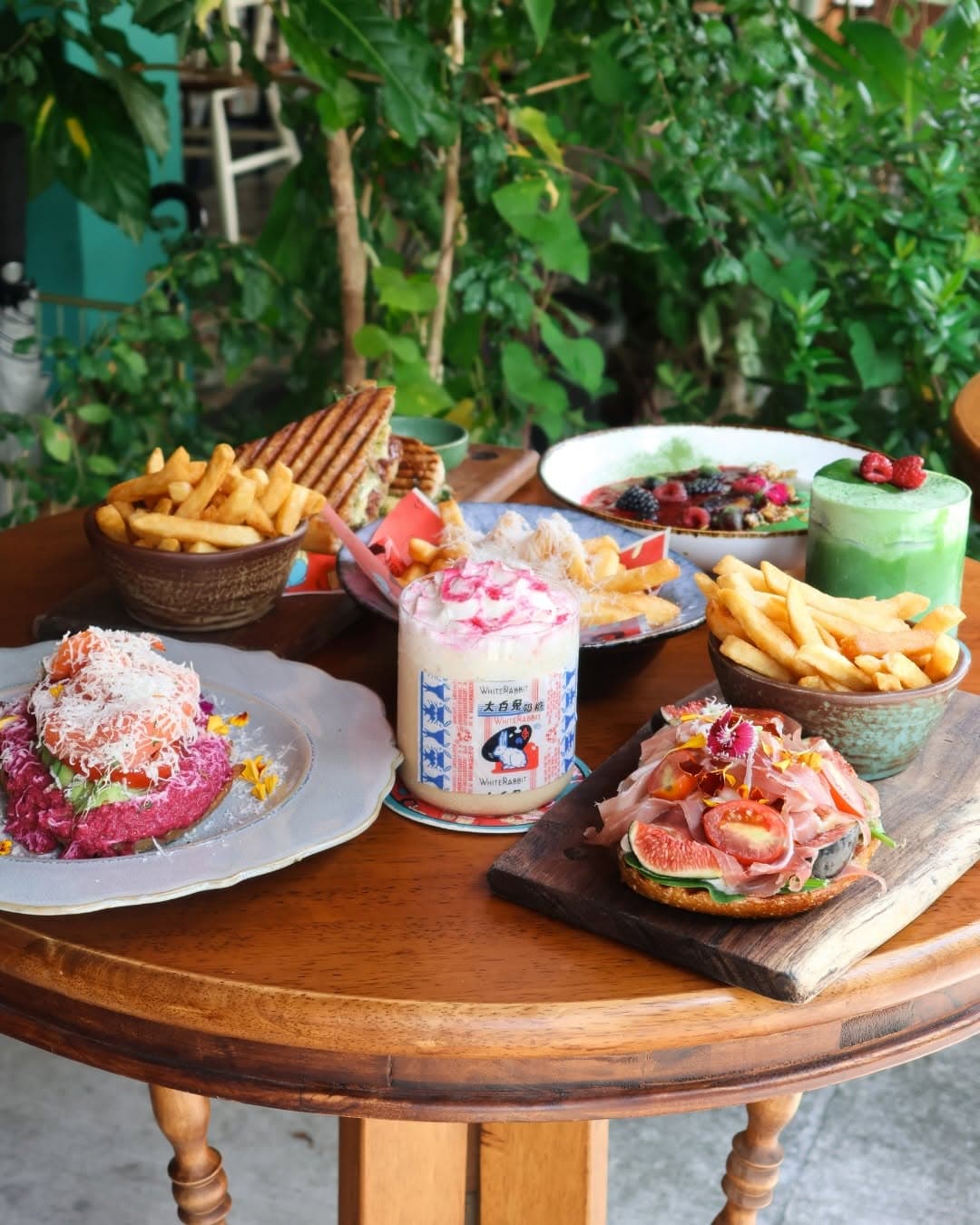 An array of dishes including the milk white rabbit tea