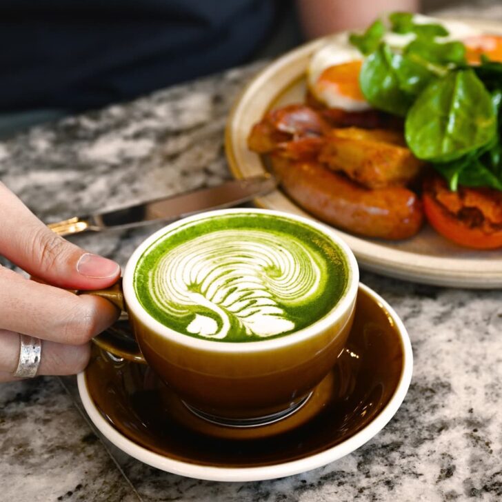 Matcha with latte art and breakfast