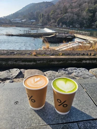 Best coffee in Kyoto - two cups of coffee by the lake in Kyoto, Japan