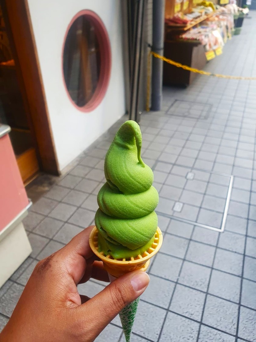 A matcha soft serve ice cream cone in Kyoto, Japan